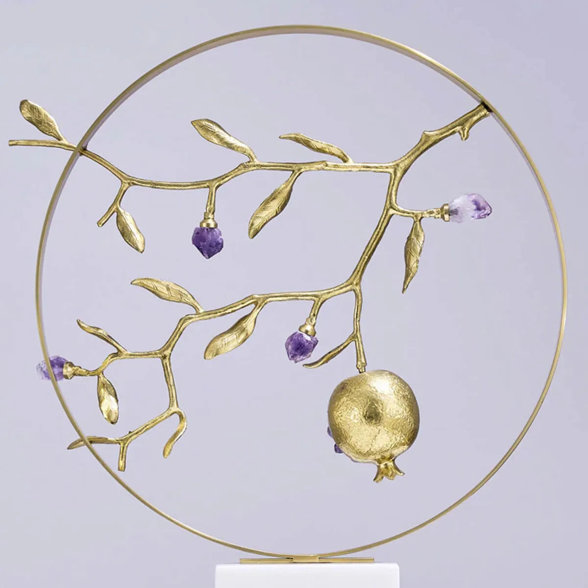 Luxury Golden Mosaic Natural Purple Crystal Stone Brass Pomegranate Sculpture