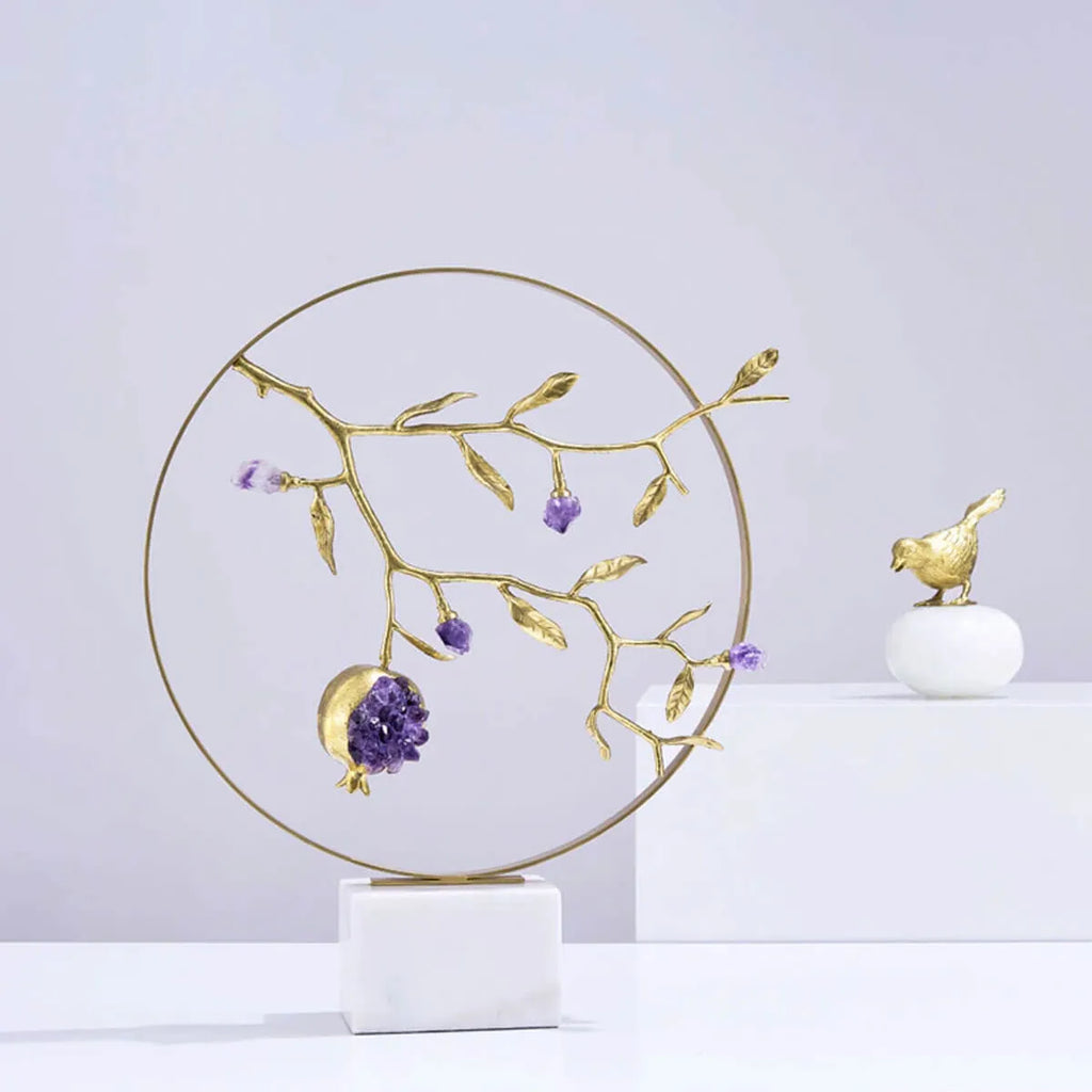 Luxury Golden Mosaic Natural Purple Crystal Stone Brass Pomegranate Sculpture