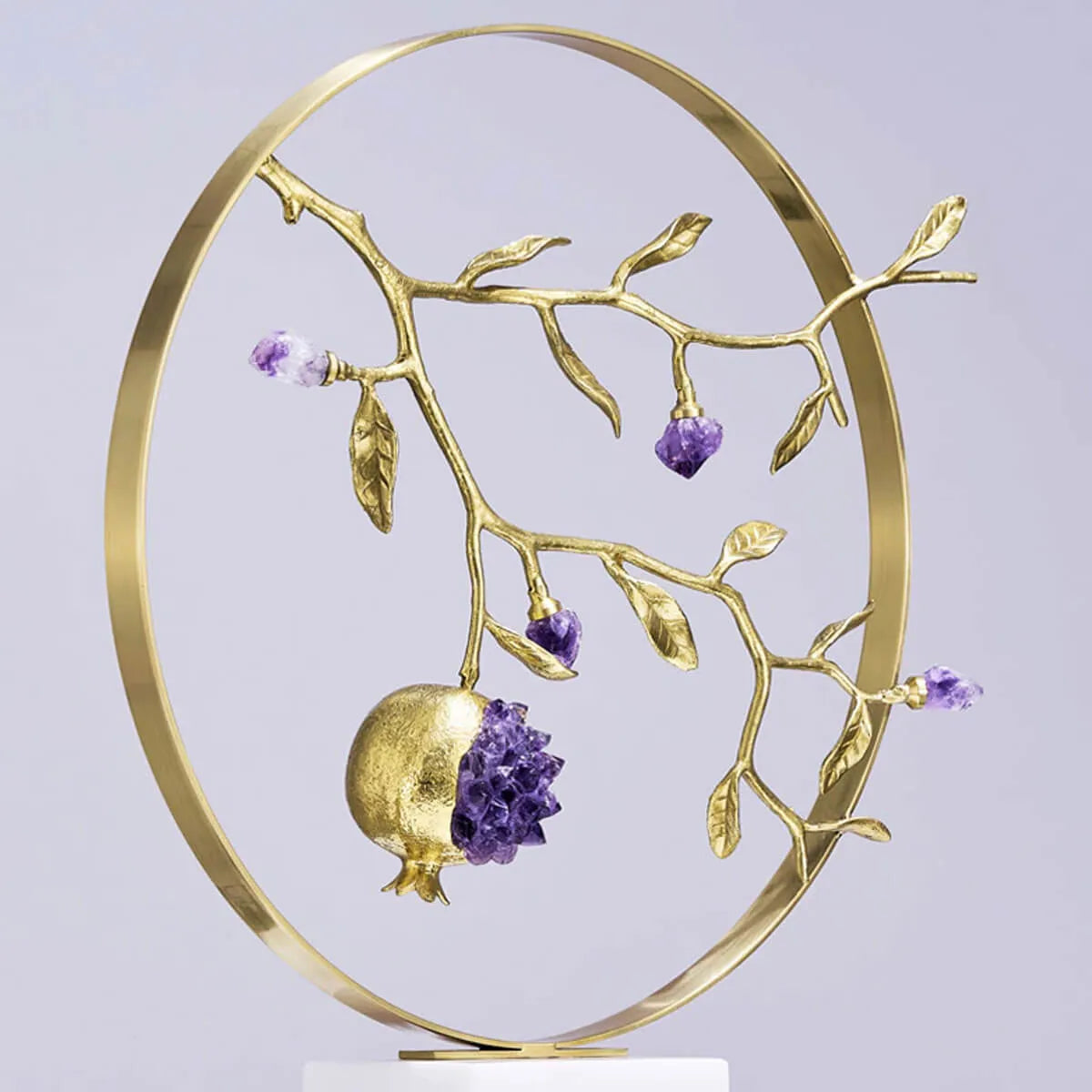 Luxury Golden Mosaic Natural Purple Crystal Stone Brass Pomegranate Sculpture