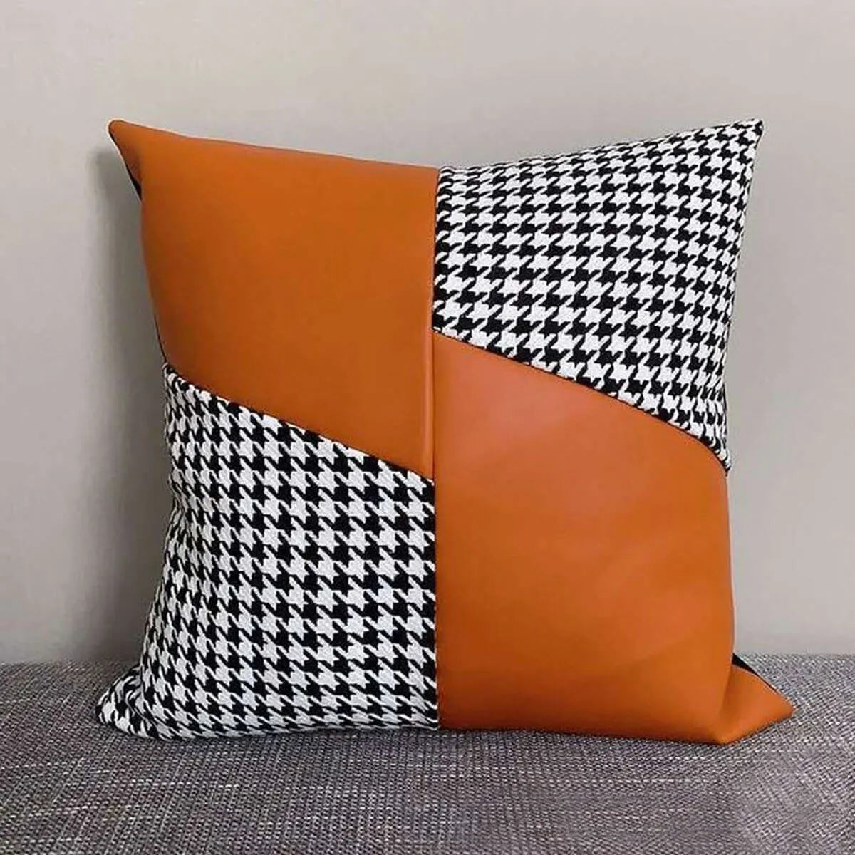 Luxury PU Patchwork Houndstooth Pillow Case Decorative Orange Pillow Covers