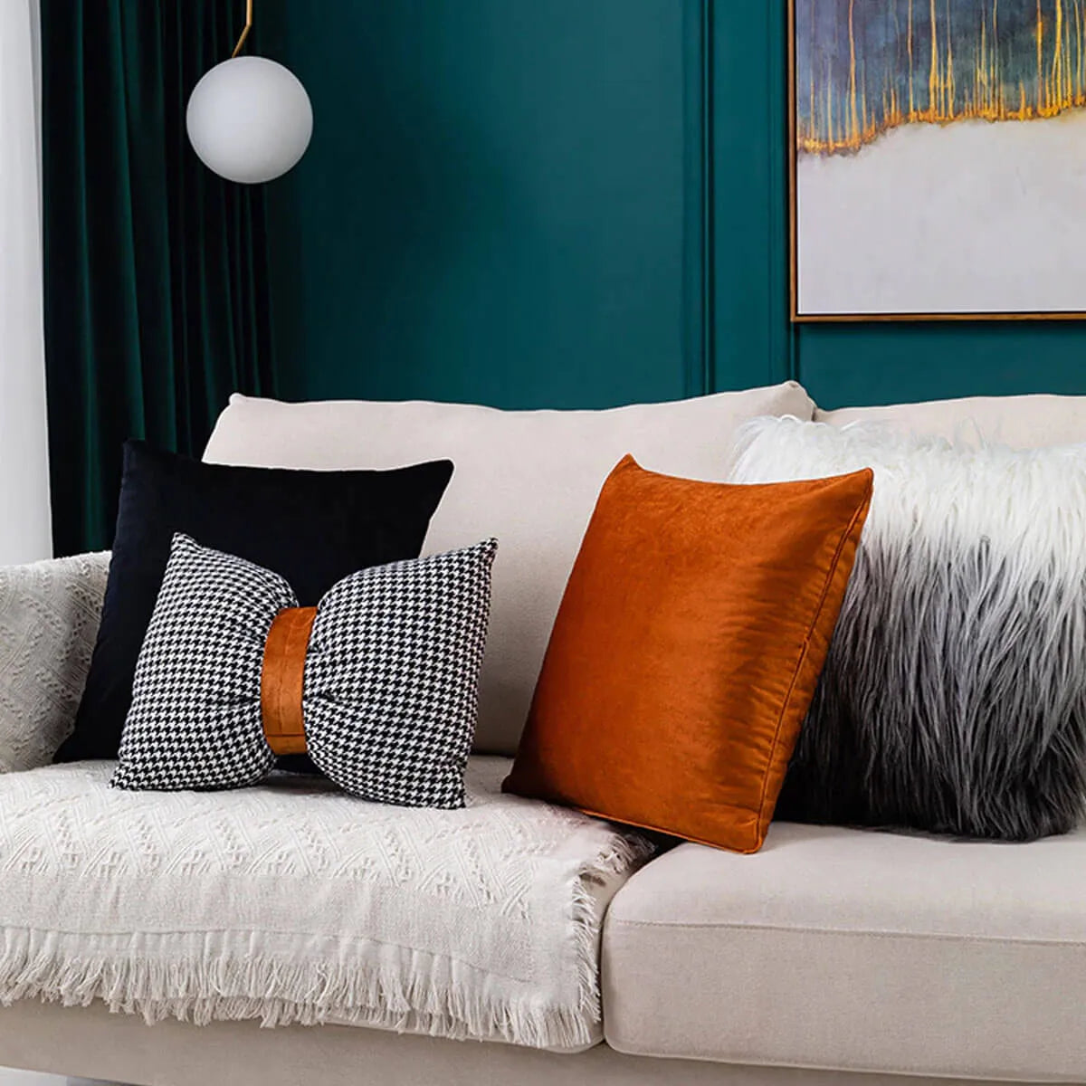 Luxury PU Patchwork Houndstooth Pillow Case Decorative Orange Pillow Covers