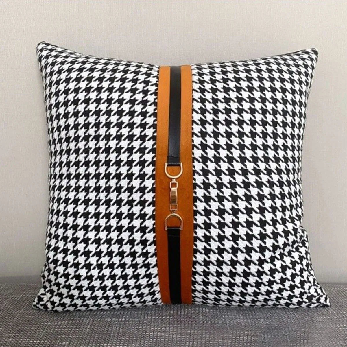 Luxury PU Patchwork Houndstooth Pillow Case Decorative Orange Pillow Covers
