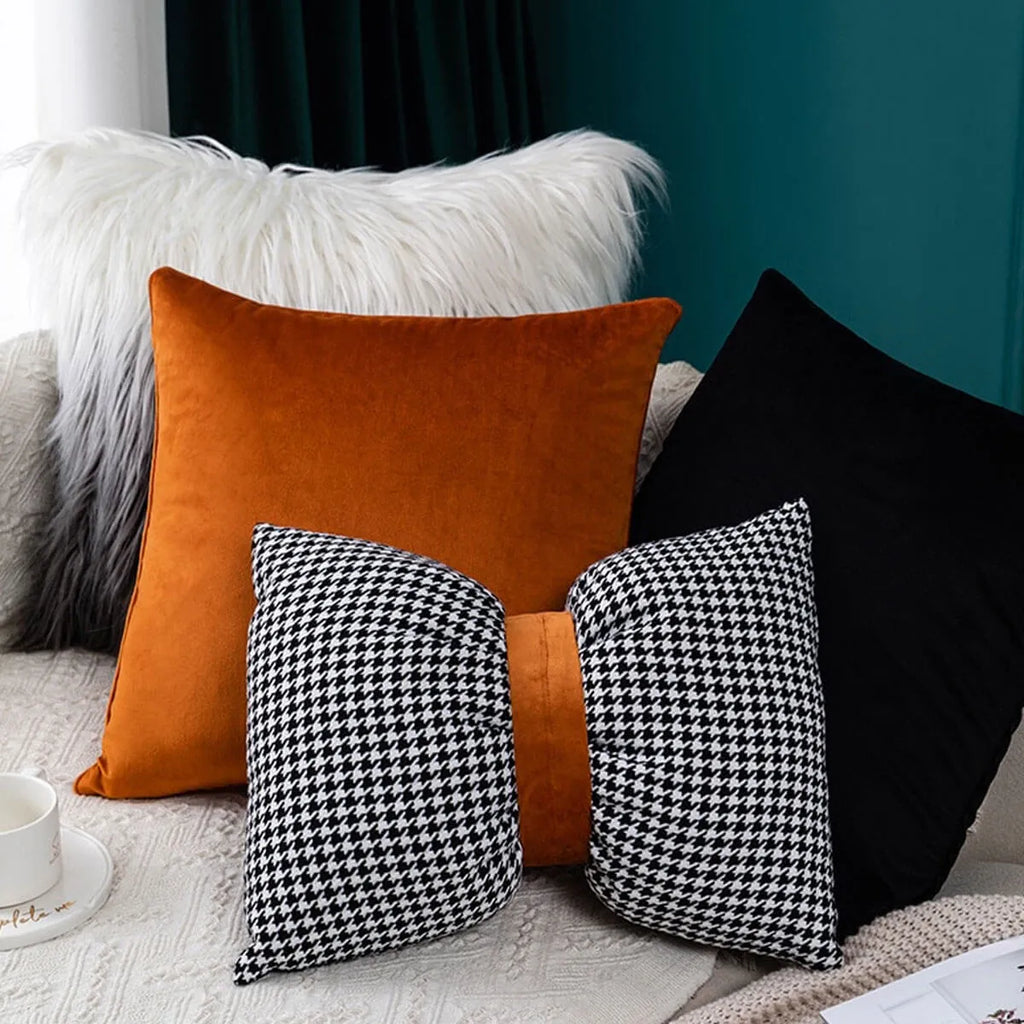 Luxury PU Patchwork Houndstooth Pillow Case Decorative Orange Pillow Covers