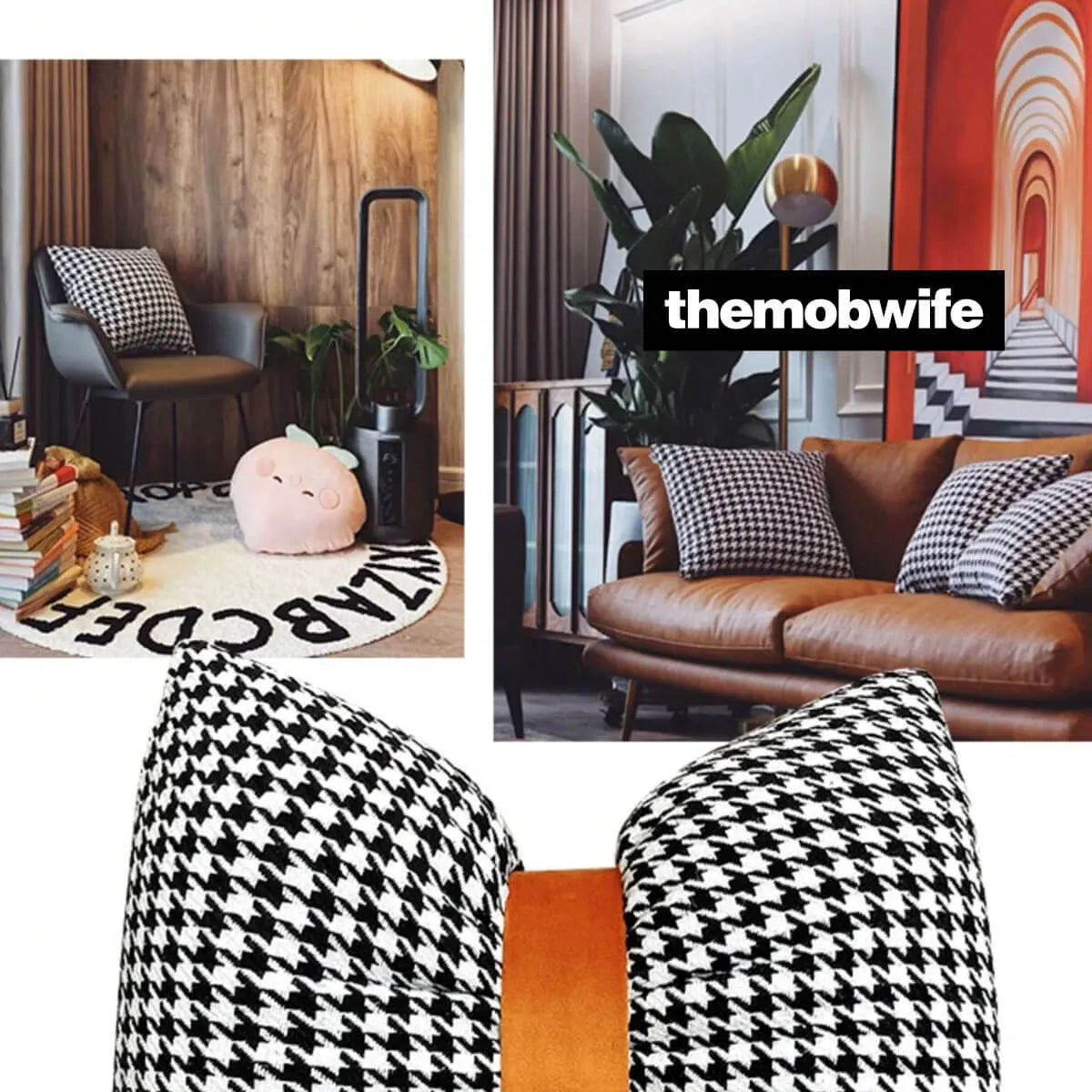 Luxury PU Patchwork Houndstooth Pillow Case Decorative Orange Pillow Covers