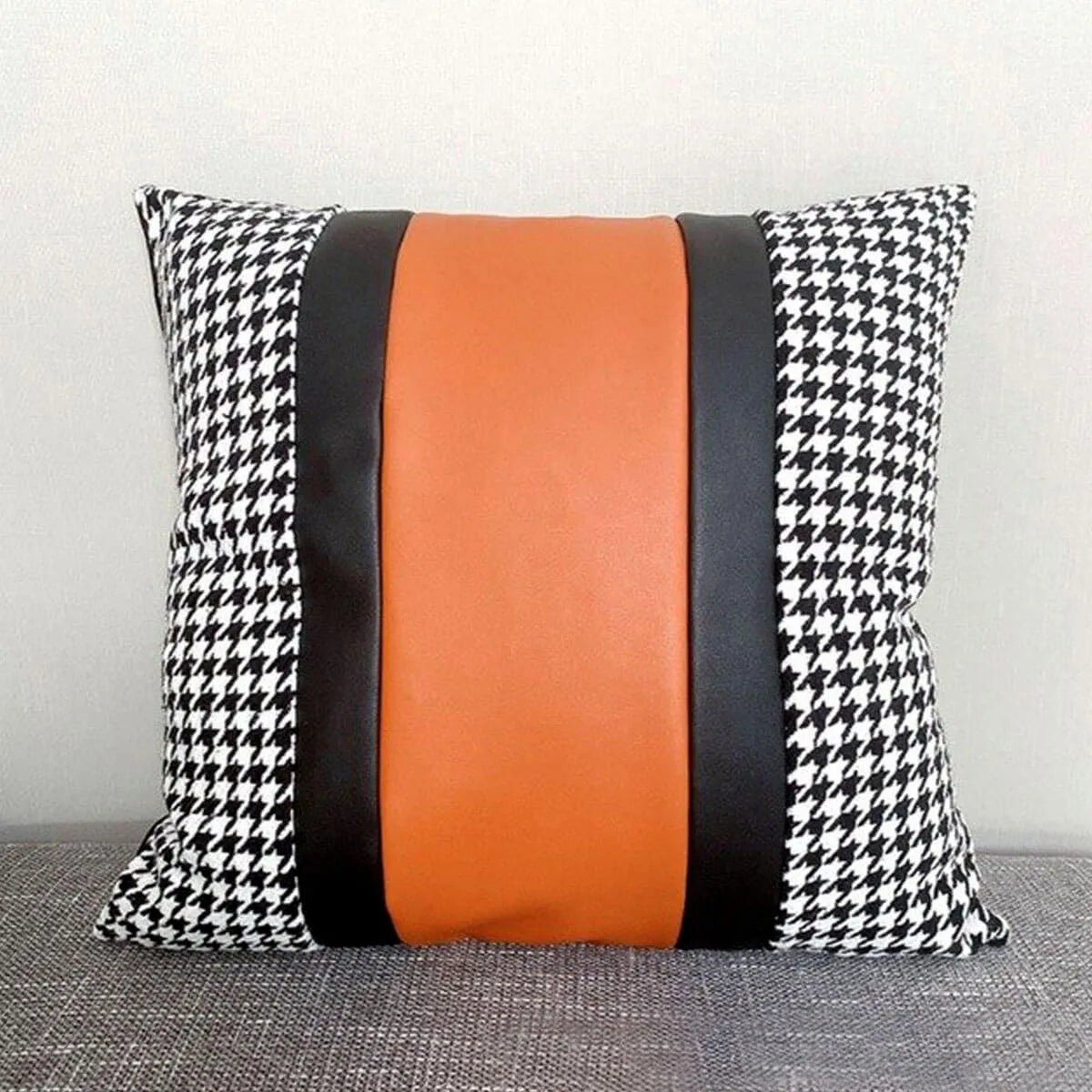 Luxury PU Patchwork Houndstooth Pillow Case Decorative Orange Pillow Covers