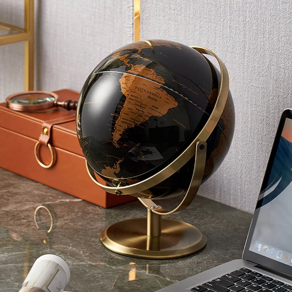 Metal Black Globe Office Decoration World Globe Pendulum Stand Golden Art