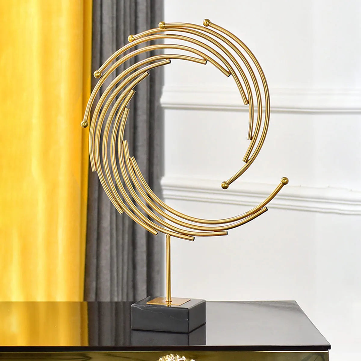 Modern Golden Metal Annulus Statue Marble Sculpture Art