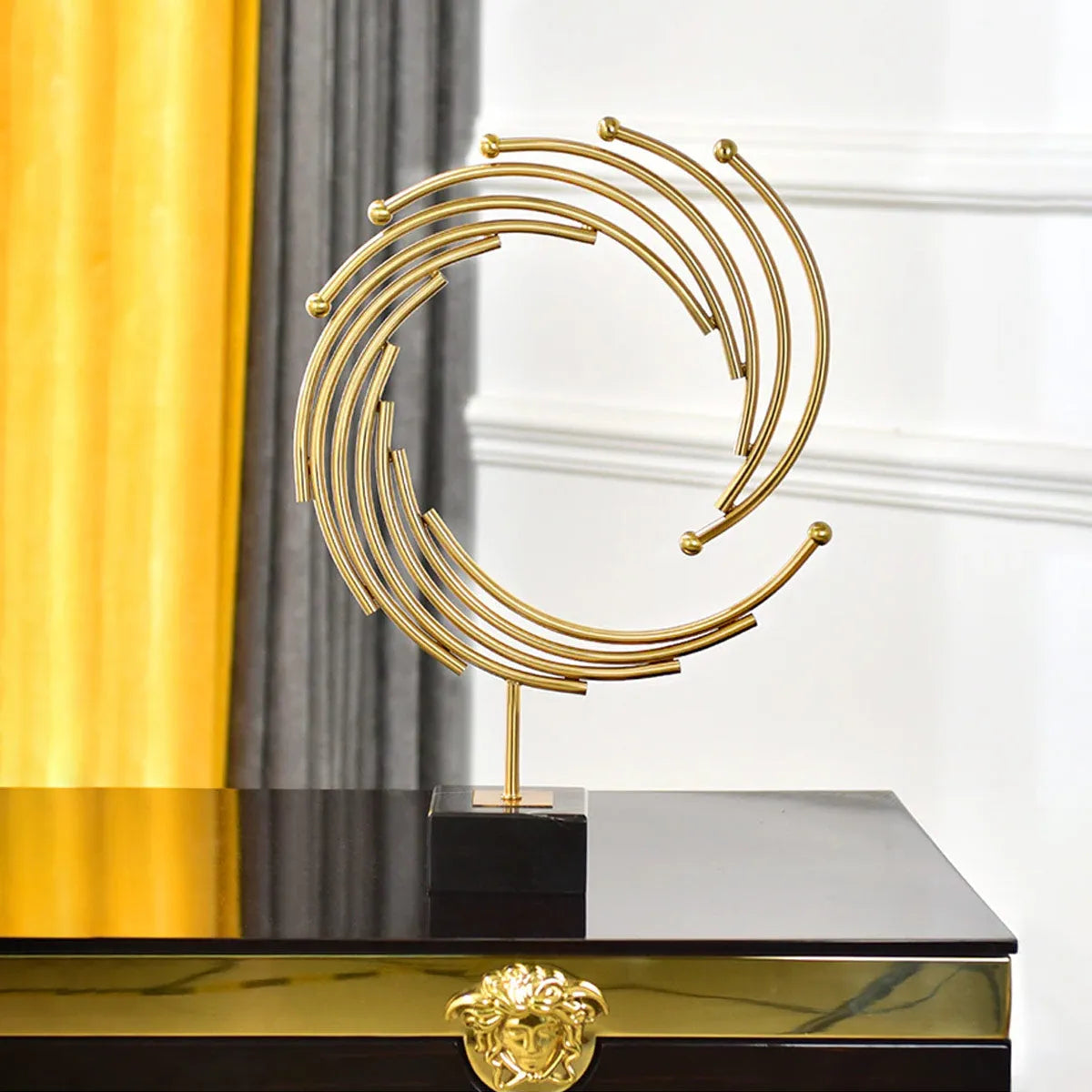 Modern Golden Metal Annulus Statue Marble Sculpture Art