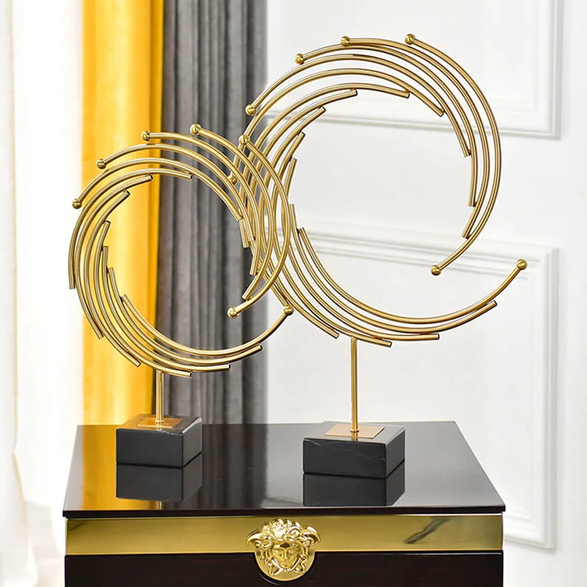 Modern Golden Metal Annulus Statue Marble Sculpture Art