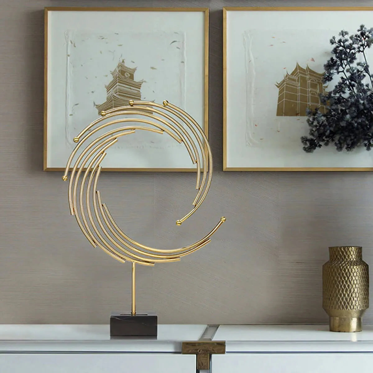 Modern Golden Metal Annulus Statue Marble Sculpture Art