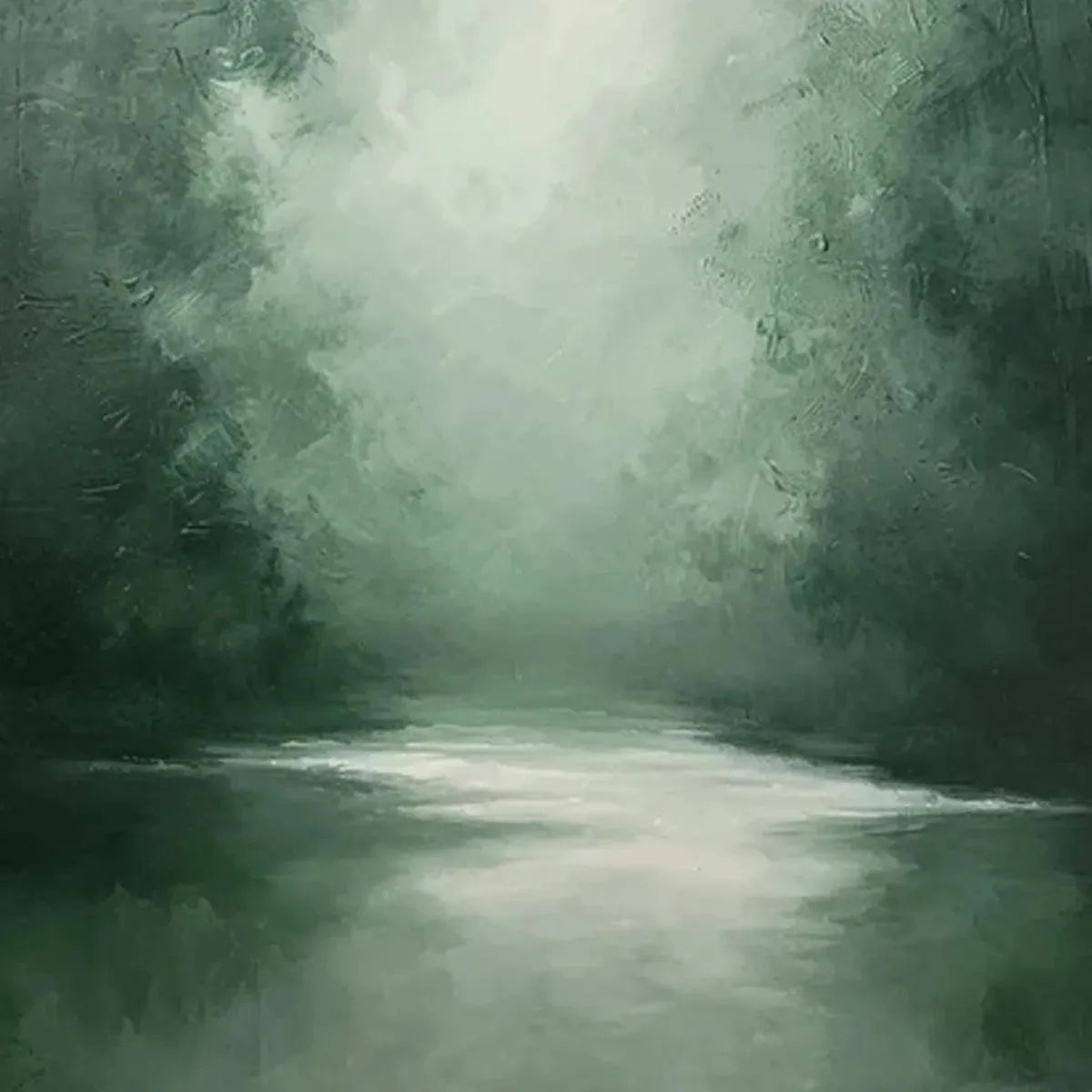 MISTY GREEN FOREST: Atmospheric Forest Landscape Painting, Vertical Wall Art