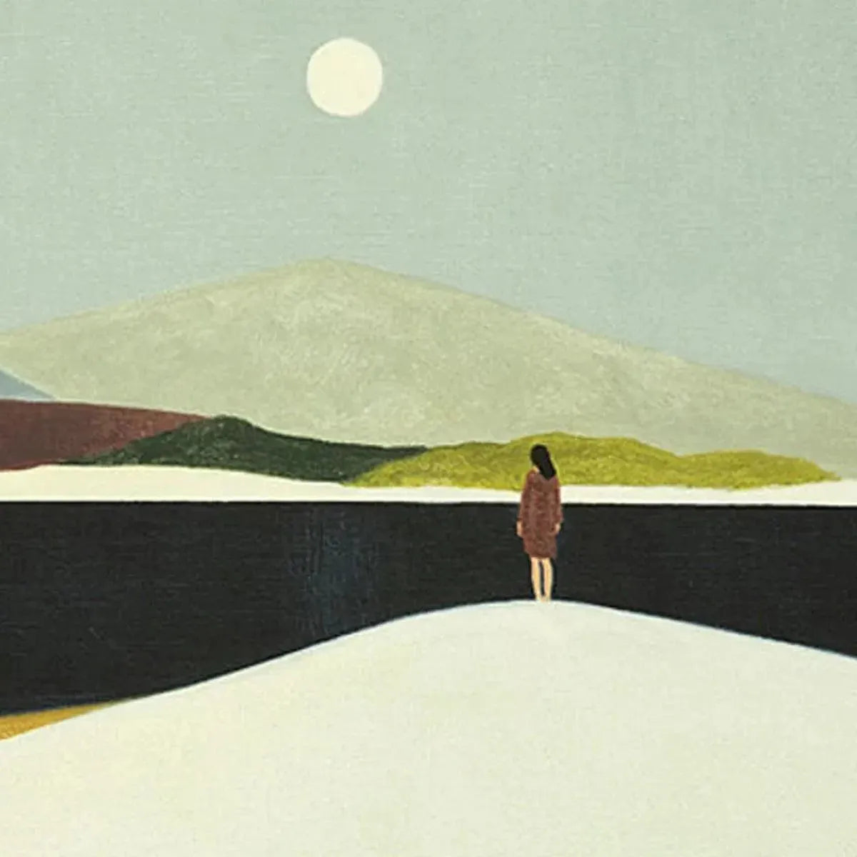 SOLITARY FIGURE IN MINIMALIST LANDSCAPE: Serene Landscape Painting, Horizontal Wall Art